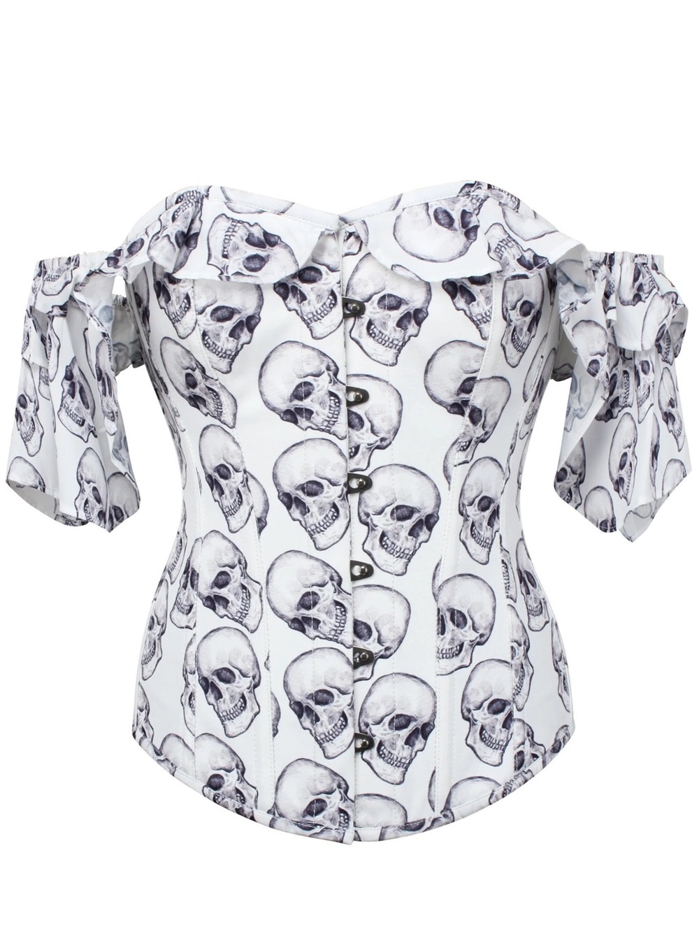 White and Grey Skull Gothic Corset Top with Frilled Sleeve